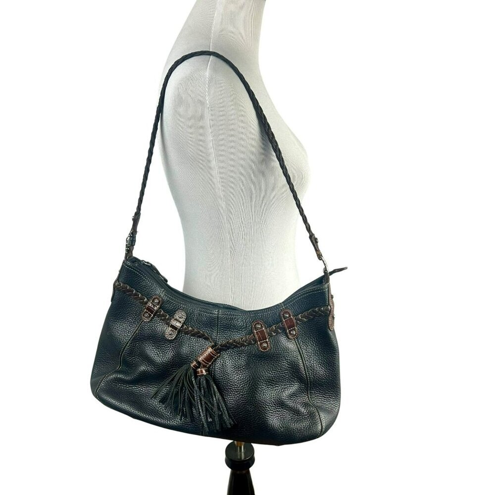 Brighton Leather Woven Tassel Shoulder Bag Black Brown Rectangle Pockets Zipper‎